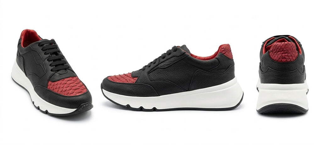Sneaker Urbano de Piel Negra con Detalles Exóticos Rojos.