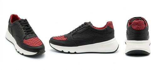 Sneaker Urbano de Piel Negra con Detalles Exóticos Rojos.